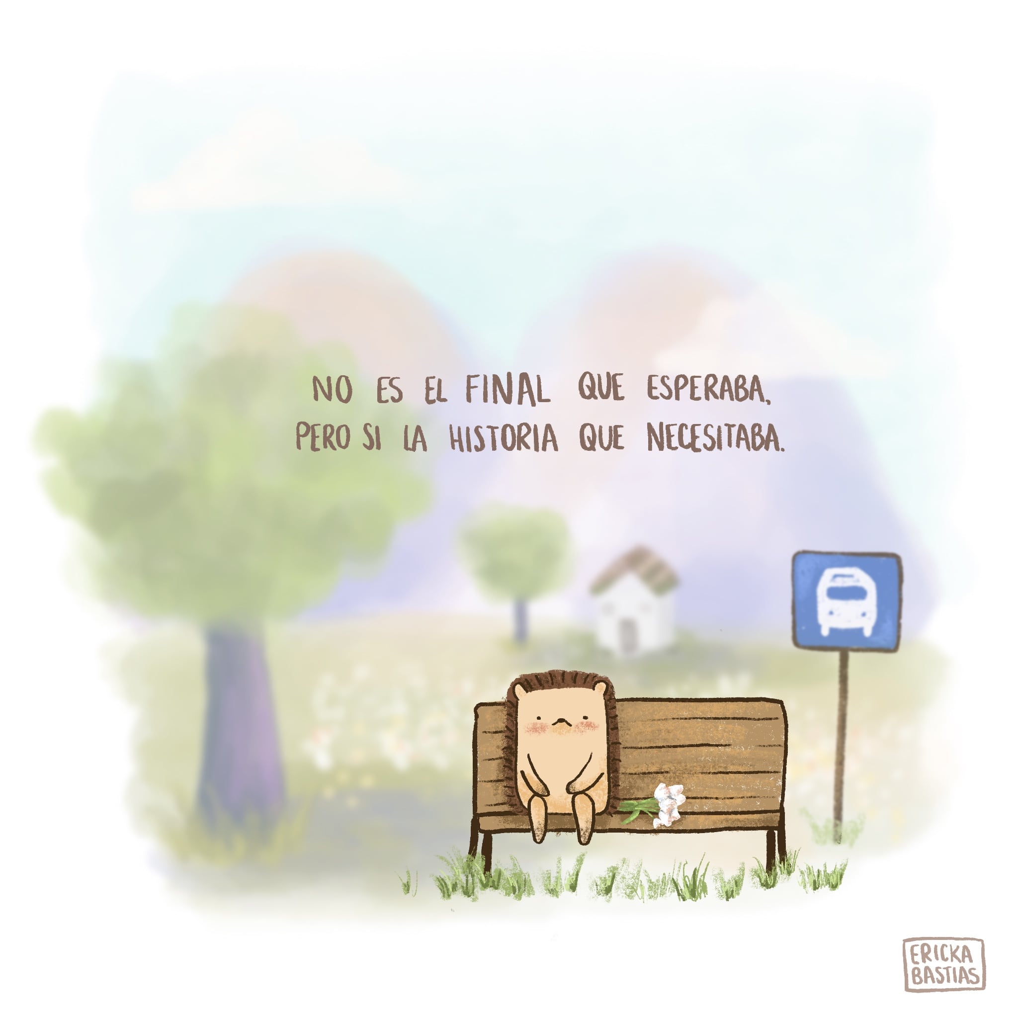 Benito, el puercoespín esperando en una parada de bus.